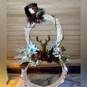 This is a snow man wreath it’s made of wood like material and has embellishments